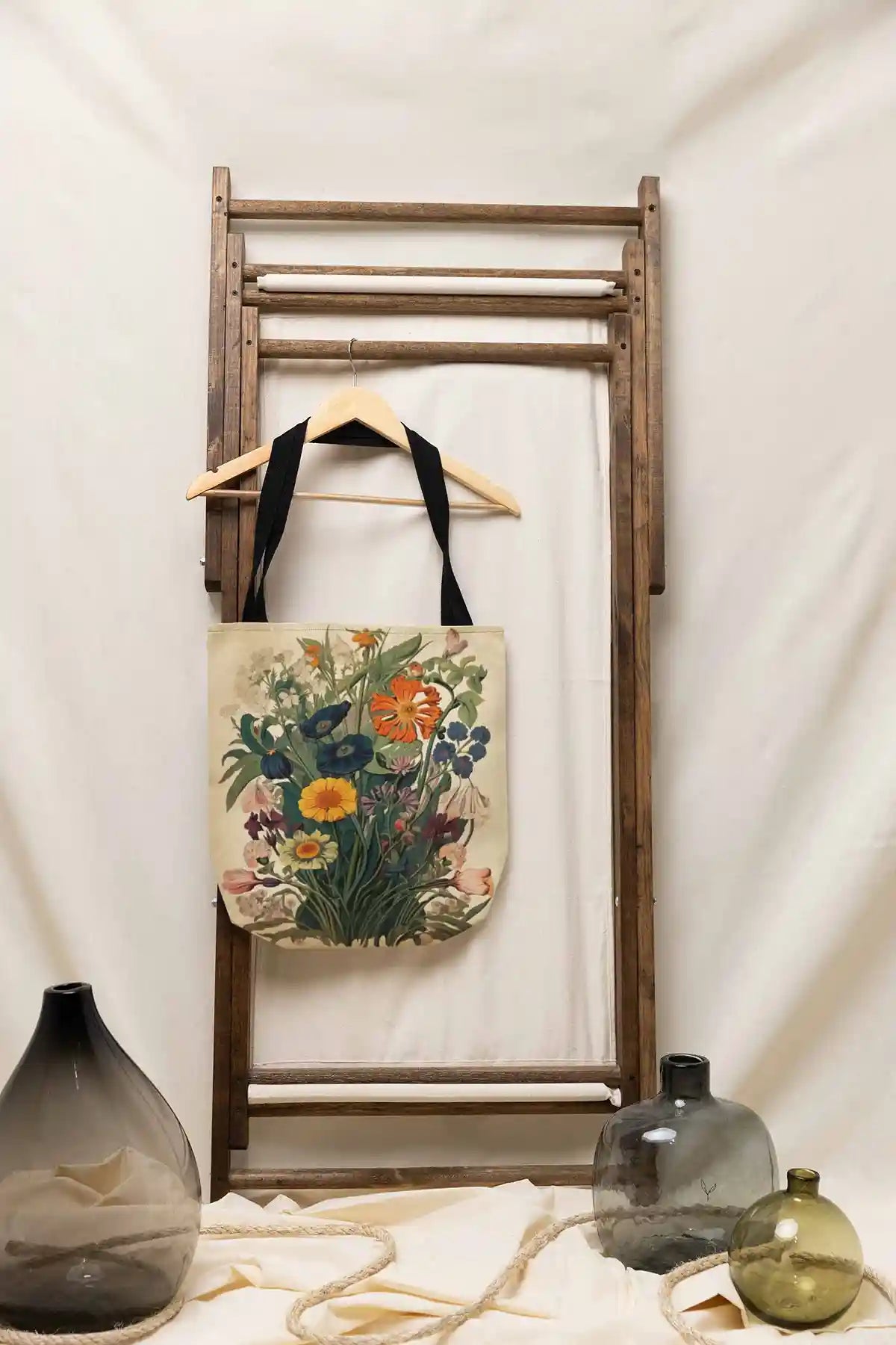 Botany Continuum digital art print on a sublimated tote bag hanged in a rustic setting.