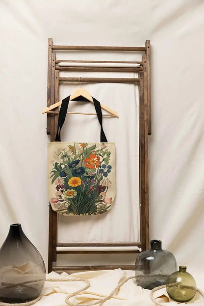 Botany Continuum digital art print on a sublimated tote bag hanged in a rustic setting.