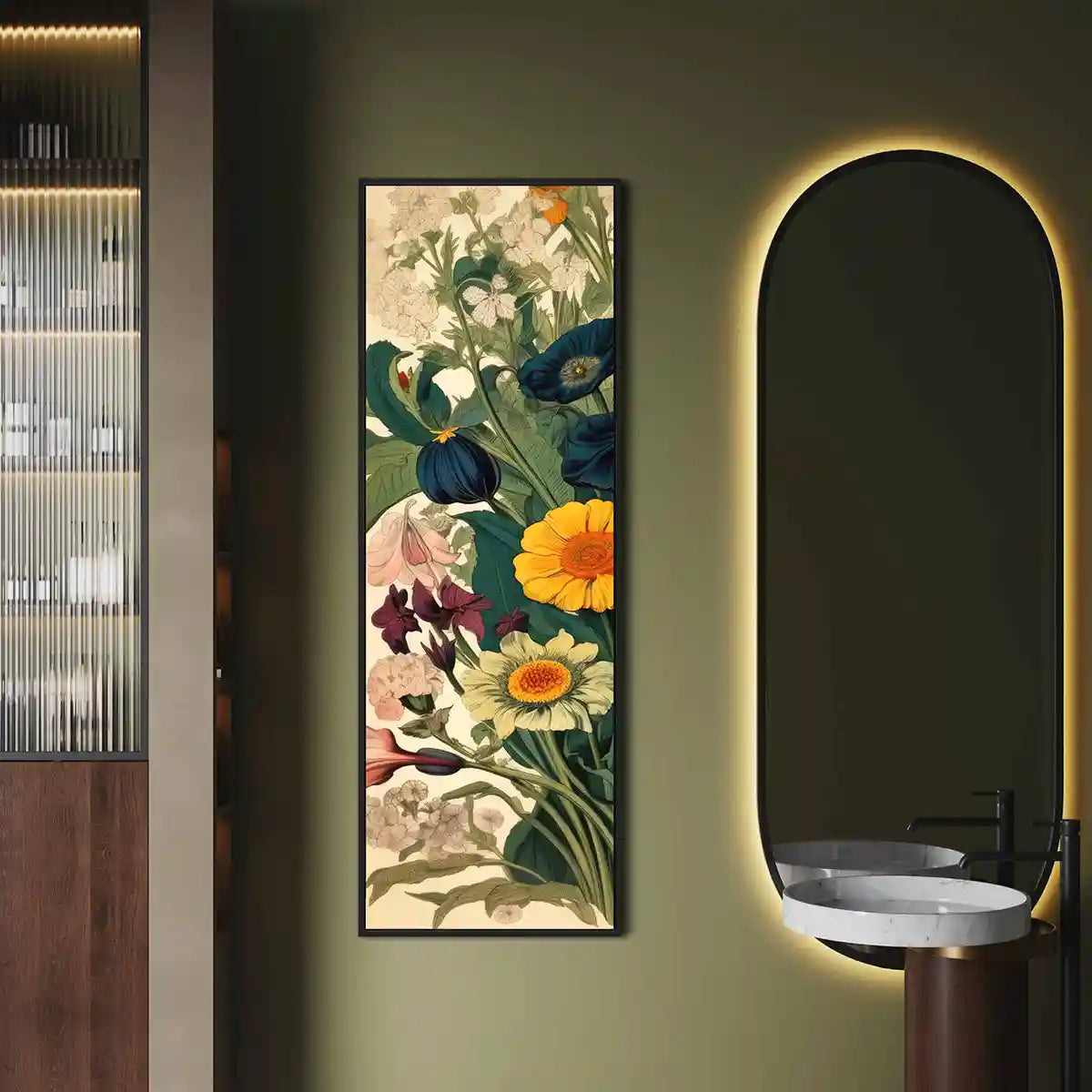 Botany Continuum digital art print on wall art in a contemporary bathroom, frontal view.