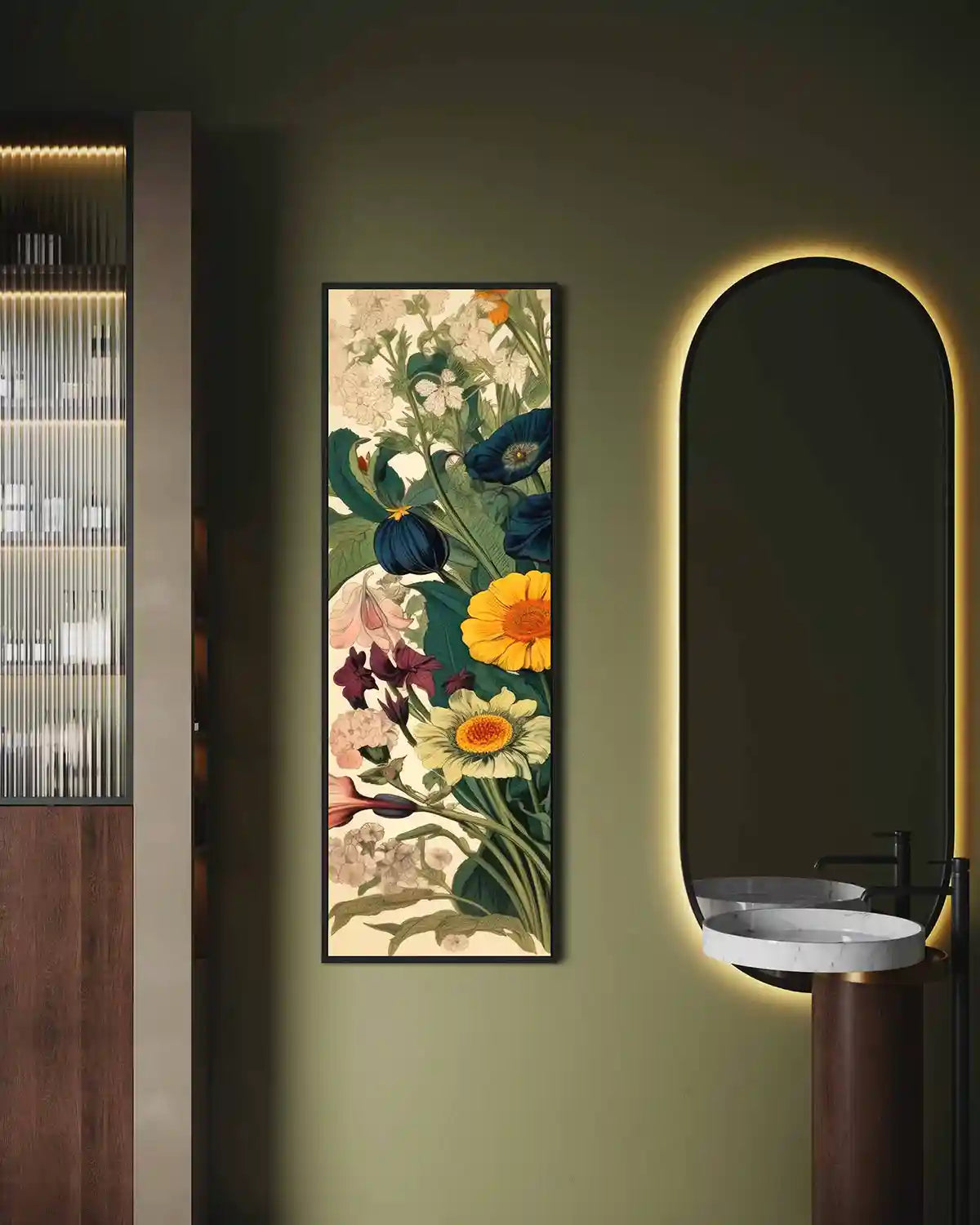 Botany Continuum digital art print on wall art in a contemporary bathroom, frontal view.