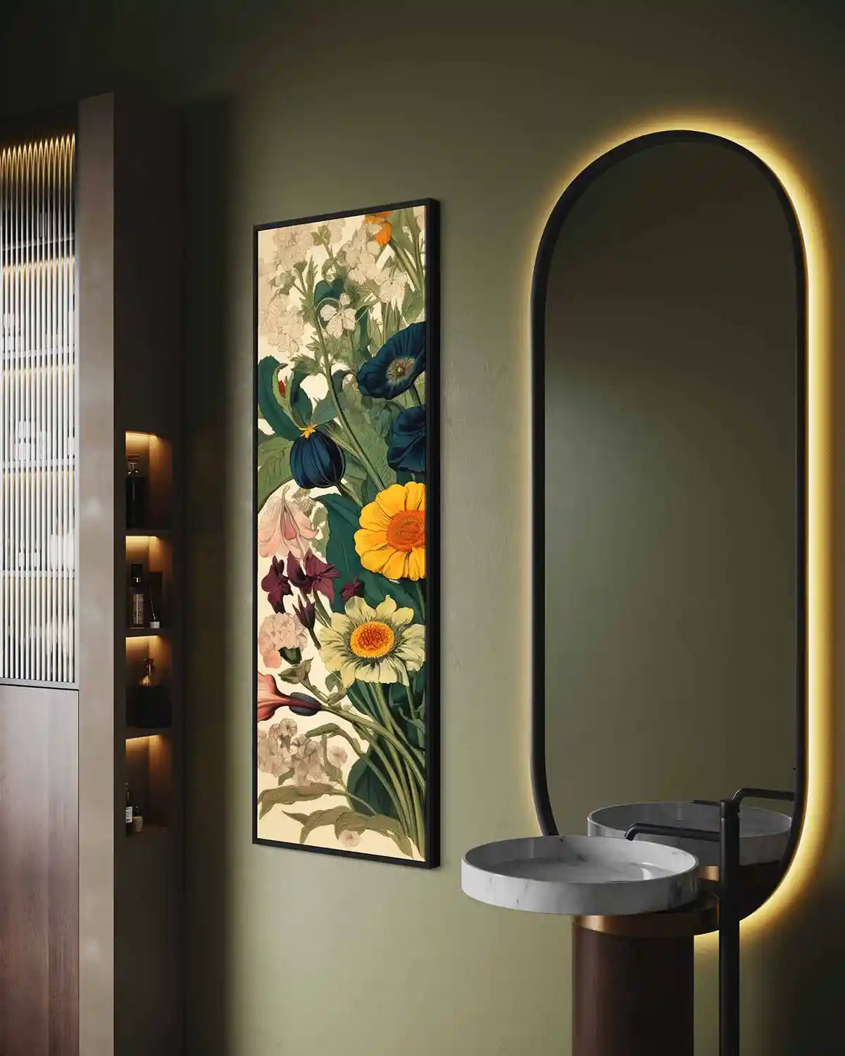 Botany Continuum digital art print on wall art in a contemporary bathroom, side view.