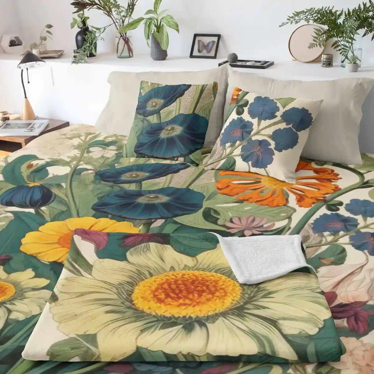 Botany Continuum digital art print on duvet cover featuring a fleece blanket and two pillows.