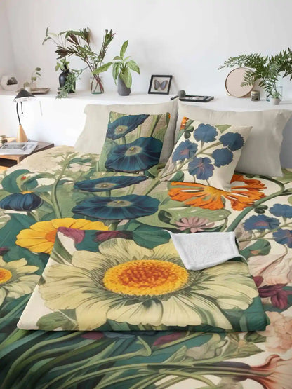 Botany Continuum digital art print on duvet cover with a fleece blanket and two pillows.