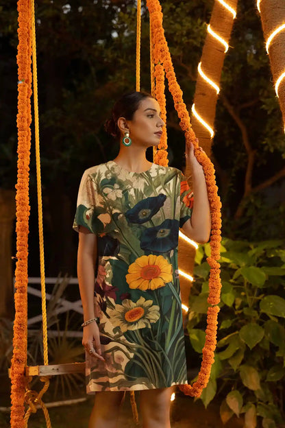 Botany Continuum digital art print on T-shirt dress featuring a woman posing with Diwali-themed decorations.