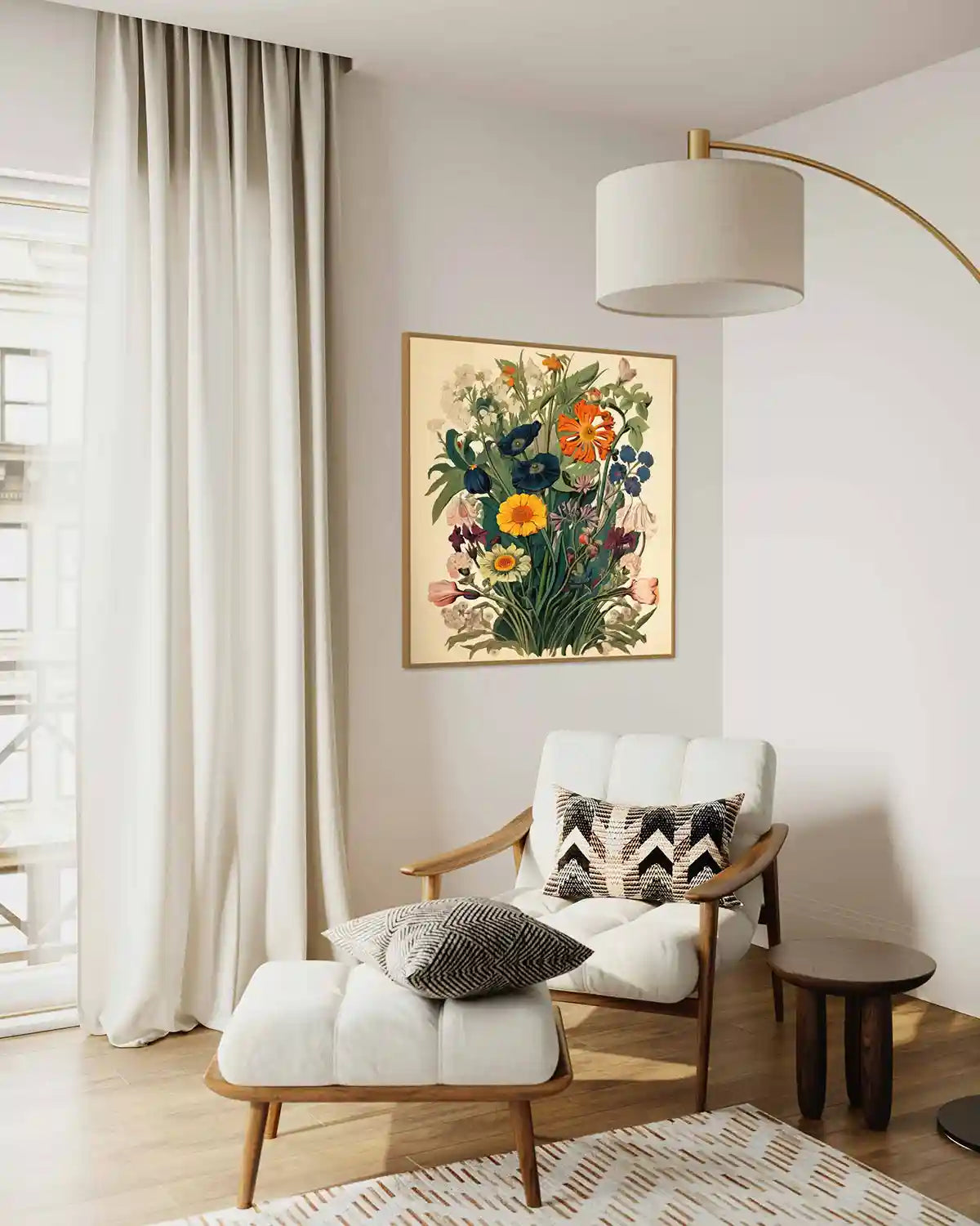 Botany Continuum digital art print on wall art in modern living room decor, side view.