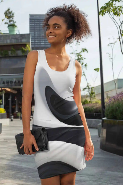 BW Ebb digital art print featuring a woman wearing a racerback dress in the city.