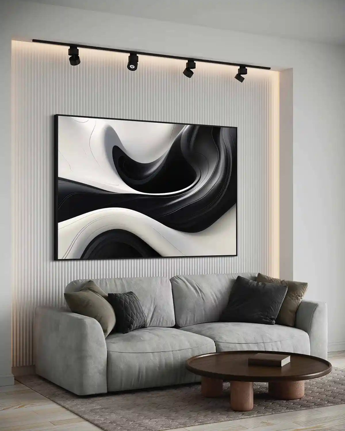 BW Ebb digital art print on oversized wall art in a cozy living room, angle view.