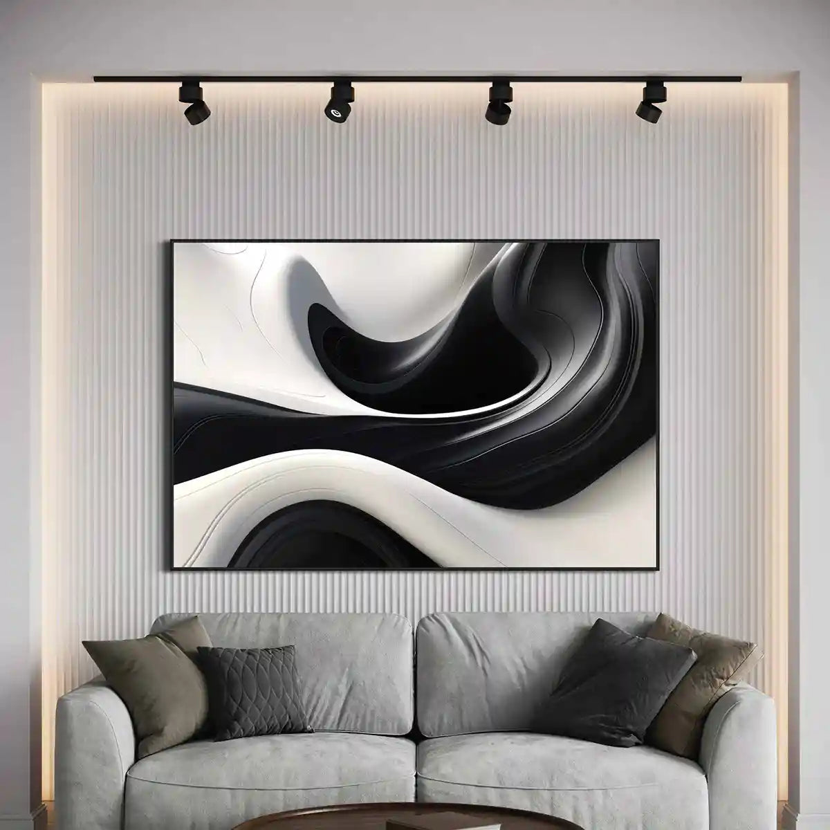 BW Ebb art print on oversized wall art in a cozy living room.
