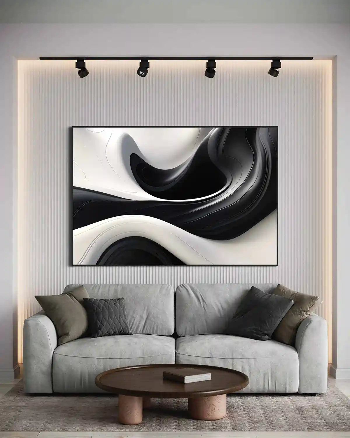 BW Ebb digital art print on oversized wall art in a cozy living room.