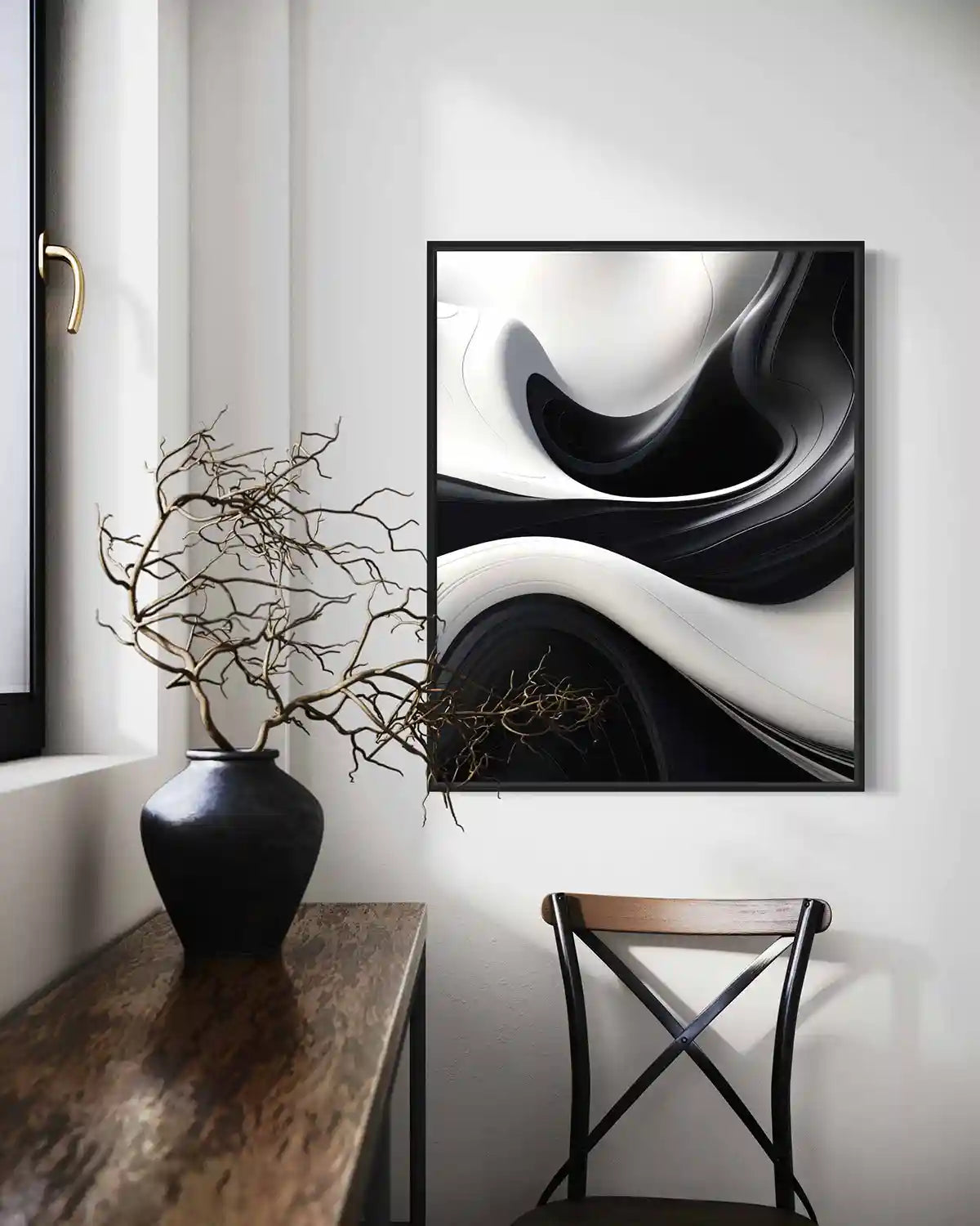 BW Ebb digital art print on wall art in a cozy living space.