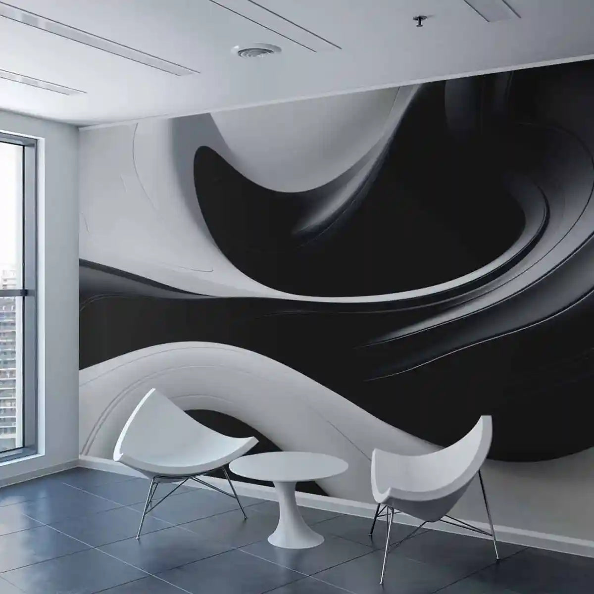 BW Ebb digital art print wall mockup featuring an apartment with a view.