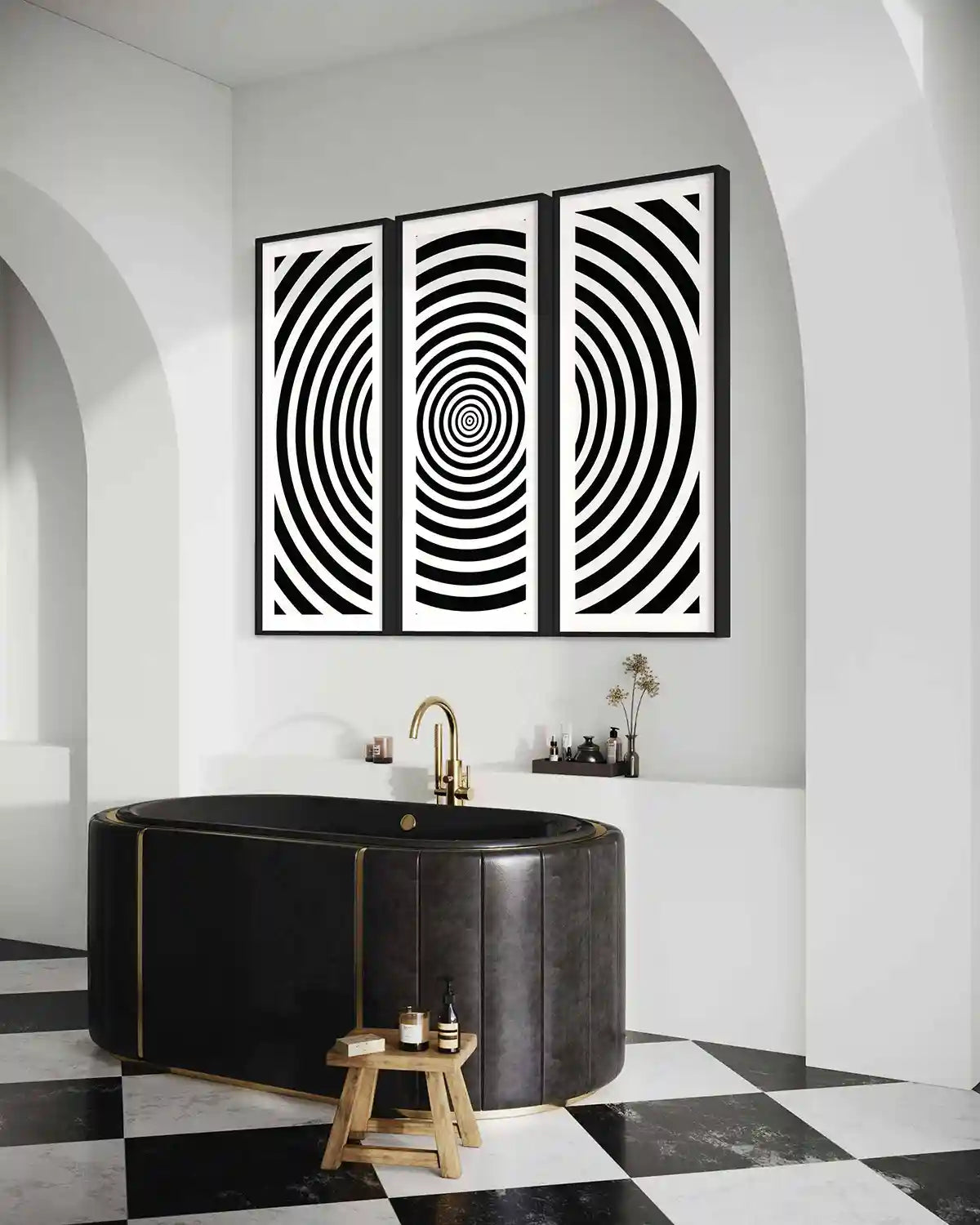 Circles digital art print on oversized triptych wall art in a luxury bathroom, angled view home design.