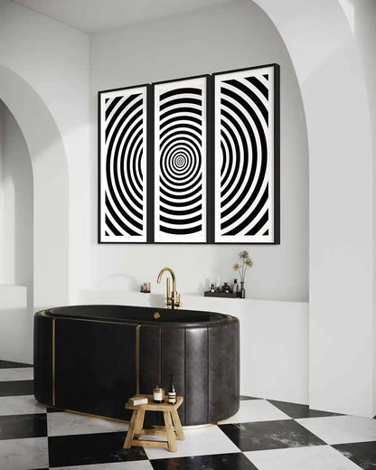 Circles digital art print on oversized triptych wall art in a luxury bathroom, angled view home design.