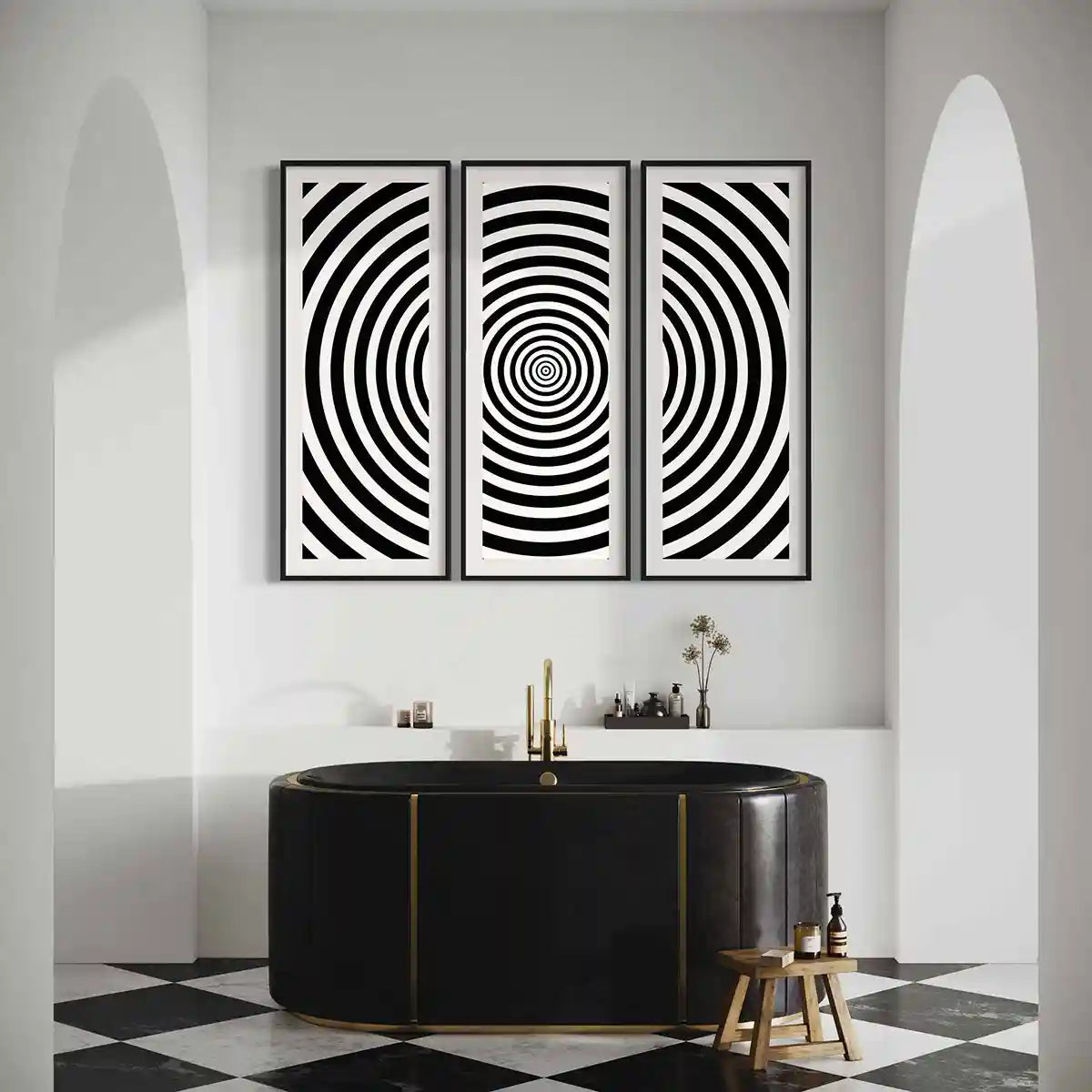Circles art print on oversized triptych wall art in a luxury bathroom, frontal view.