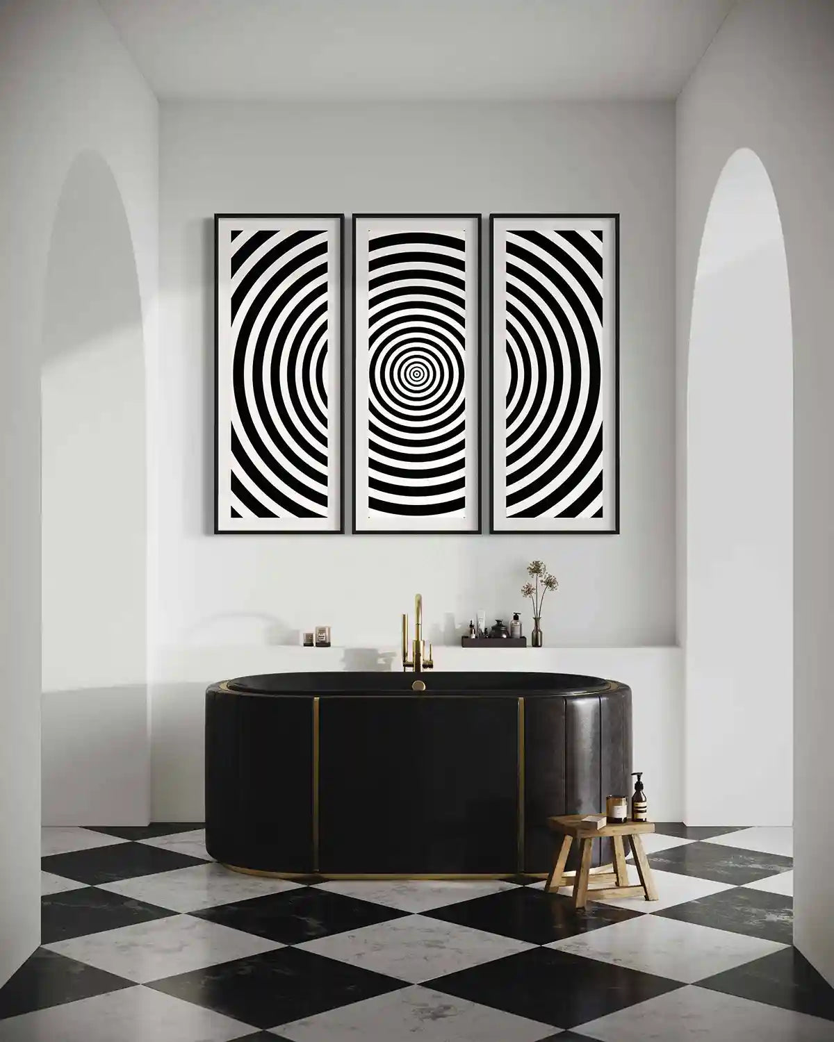 Circles digital art print on oversized triptych wall art in a luxury bathroom, frontal view home design.