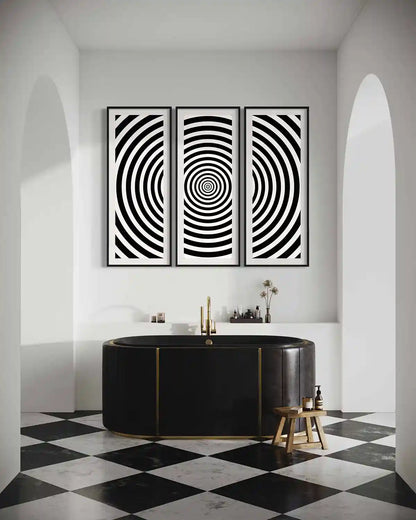 Circles digital art print on oversized triptych wall art in a luxury bathroom, frontal view home design.