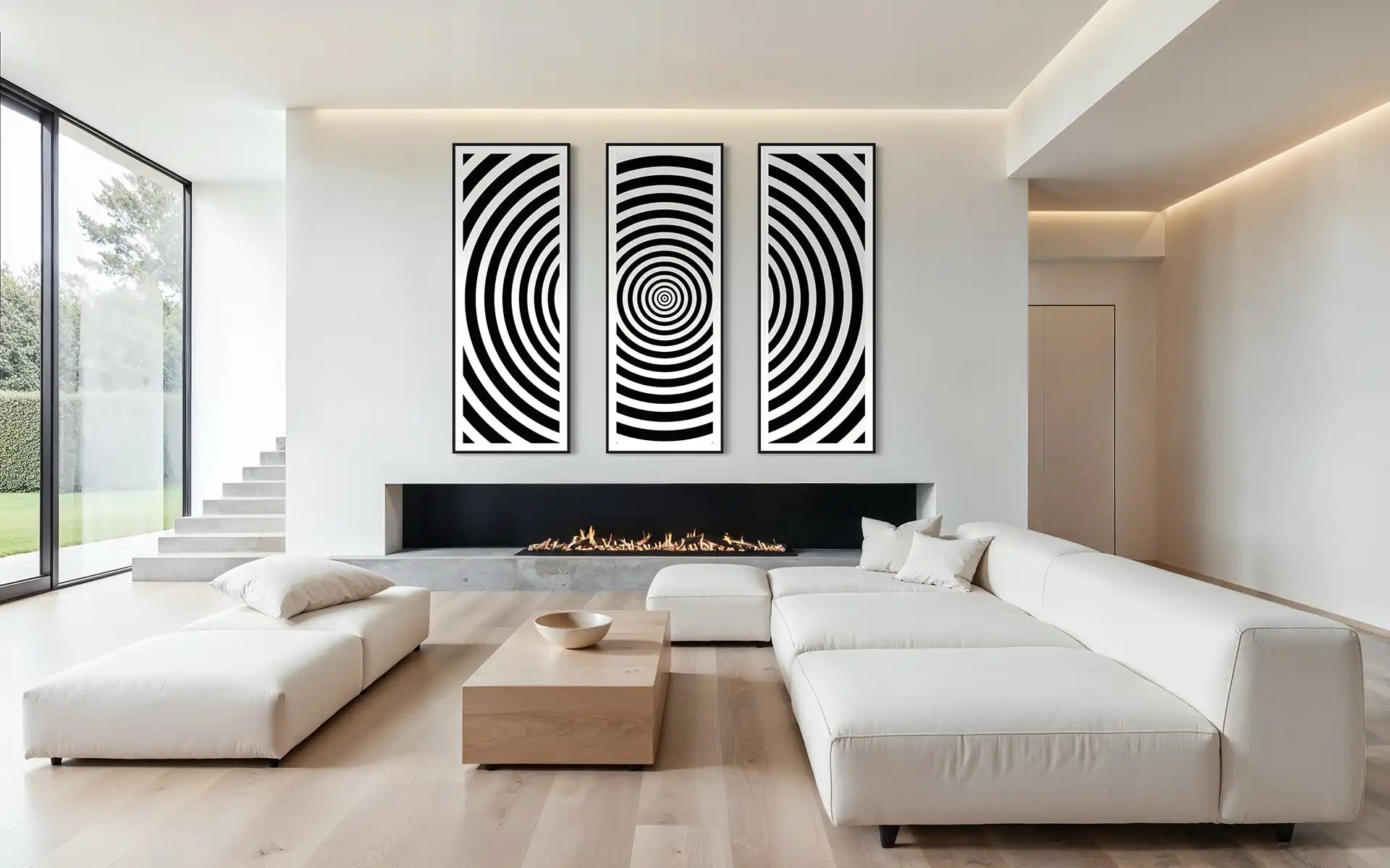 Modern living room with white sectional sofa, coffee table, and abstract triptych wall art.