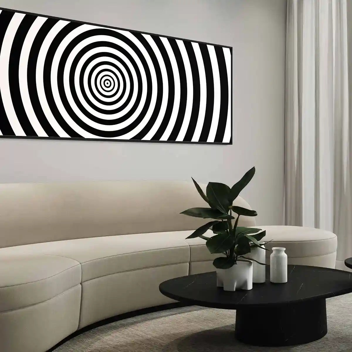 Circles digital art print on oversized wall art in a modern living room with a minimalistic sofa, side view.