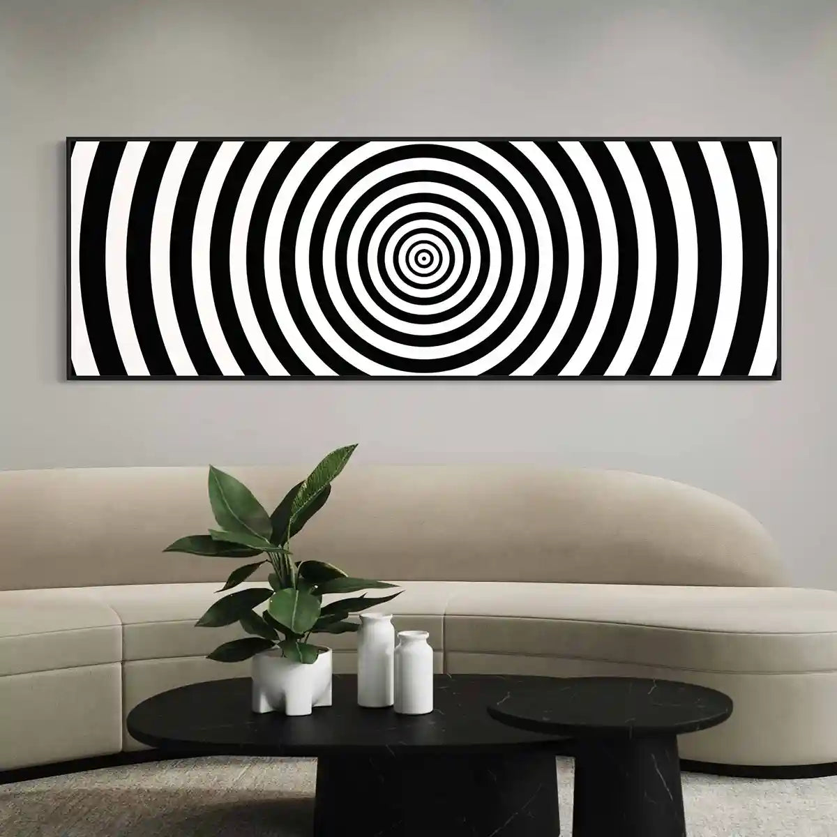 Circles digital art print on oversized wall art in a modern living room with a minimalistic sofa.