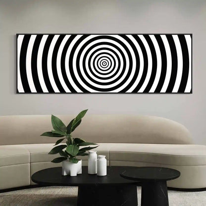 Circles digital art print on oversized wall art in a modern living room with a minimalistic sofa.