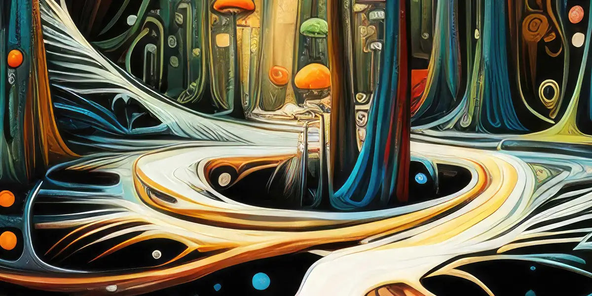Close-up details of Abstract Mushroom Forest art, highlighting the intricate and colorful mushroom designs.