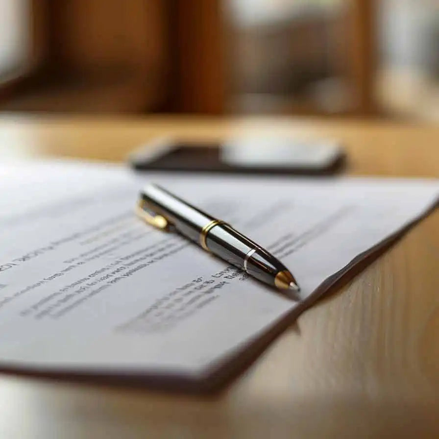 Close-up of a printed "Terms of Service" document on a desk with a pen, representing terms of service agreement.