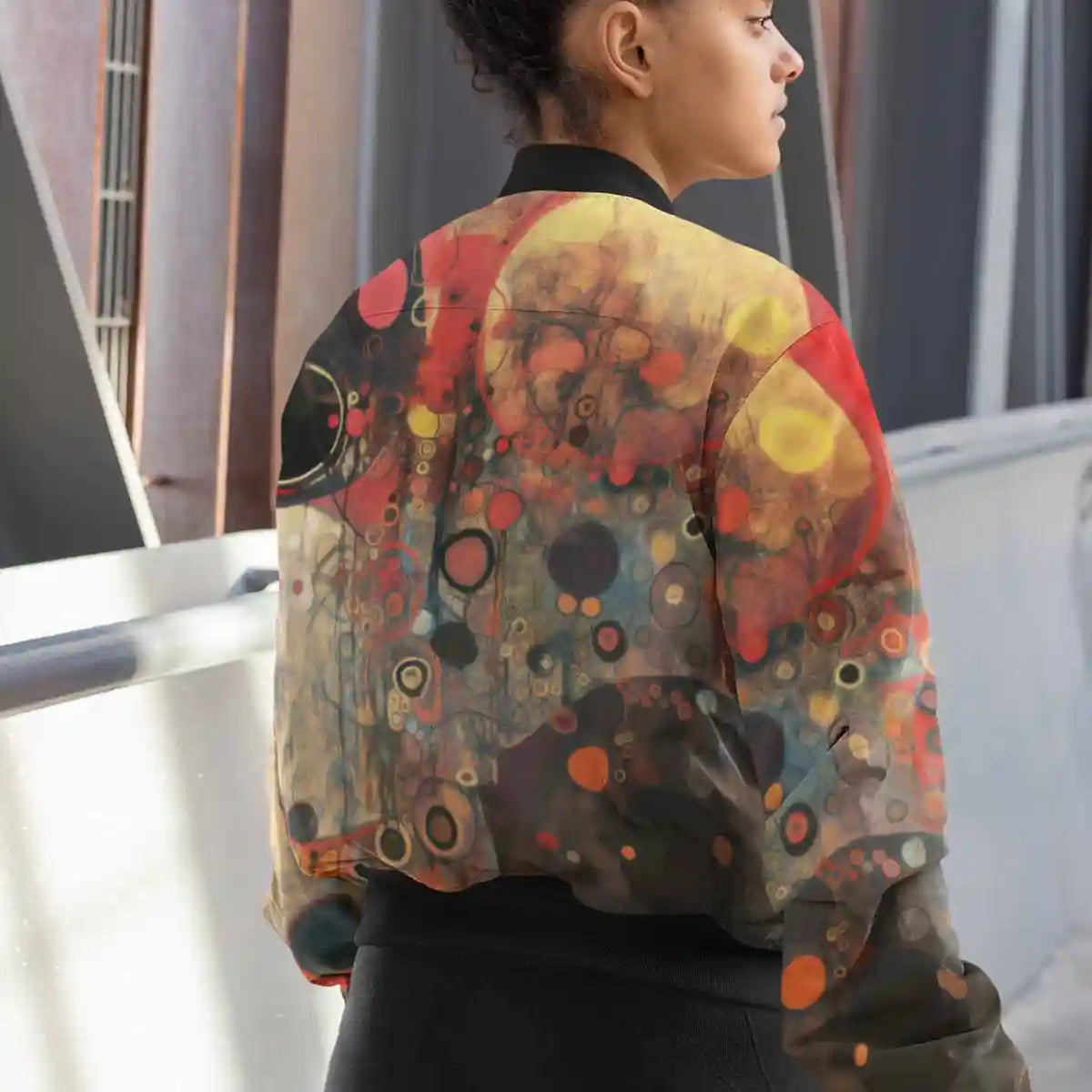Woman posing with bomber jacket featuring Conflated Serenade digital art print.