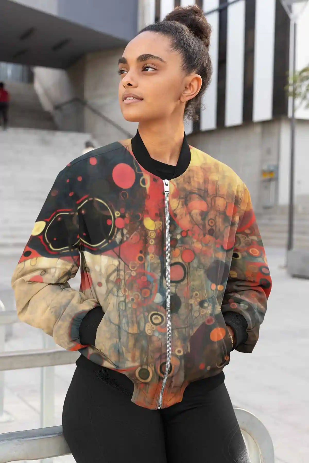 Conflated Serenade digital art print on a bomber jacket featuring a young woman.