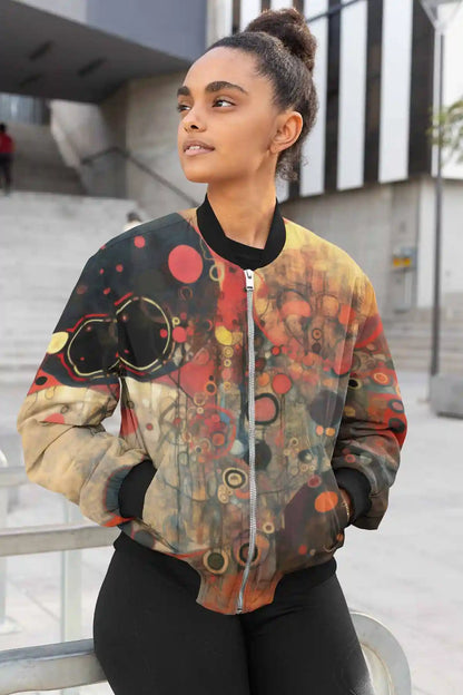 Conflated Serenade digital art print on a bomber jacket featuring a young woman.