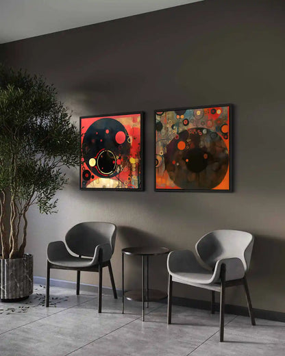 Conflated Serenade digital art print on diptych wall art in a modern space with two chairs, side view.