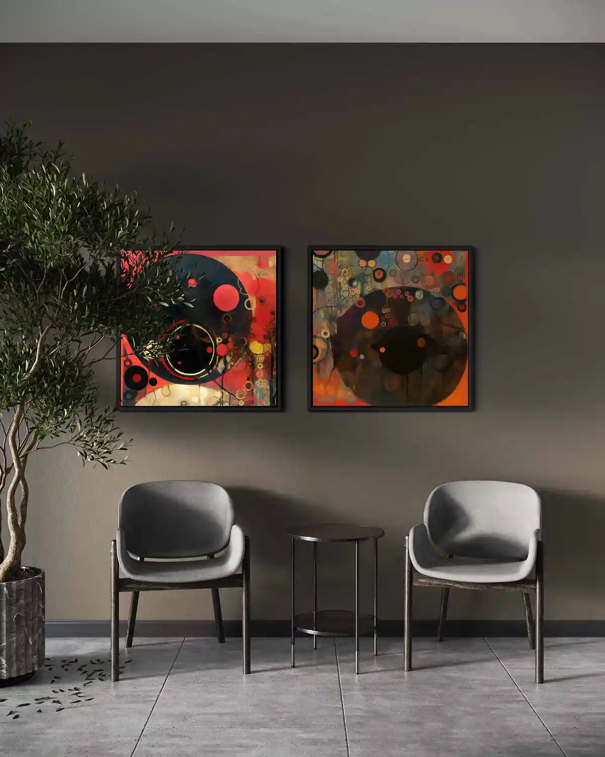 Conflated Serenade digital art print on diptych wall art in a modern space with two chairs.