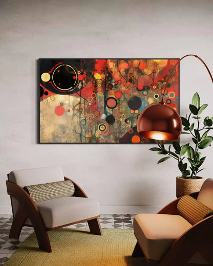 Conflated Serenade digital art print on oversized wall art in a mid-century modern space, frontal view.