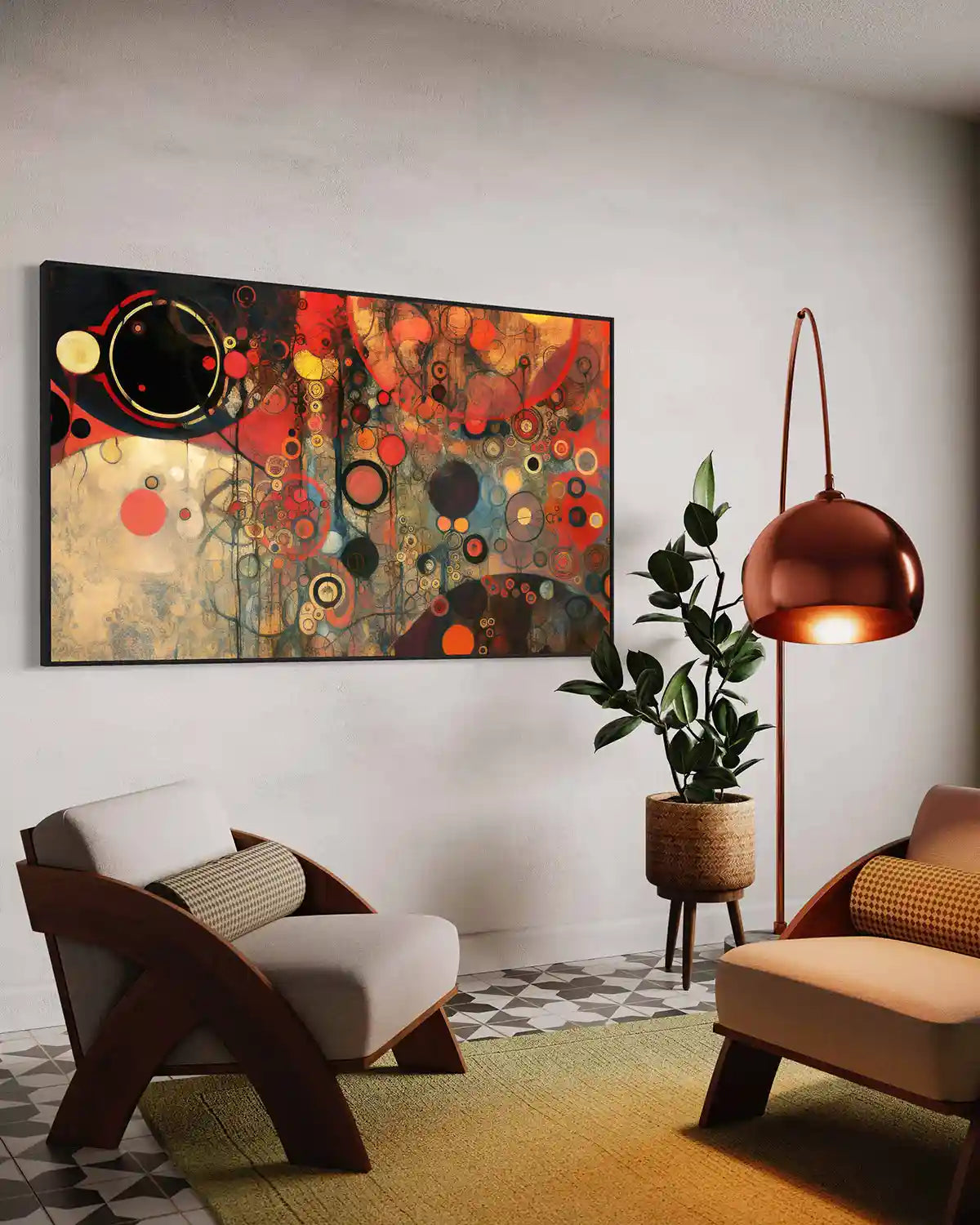 Conflated Serenade digital art print on oversized wall art in a mid-century modern space, side view, showcasing dynamic circles and vibrant colors