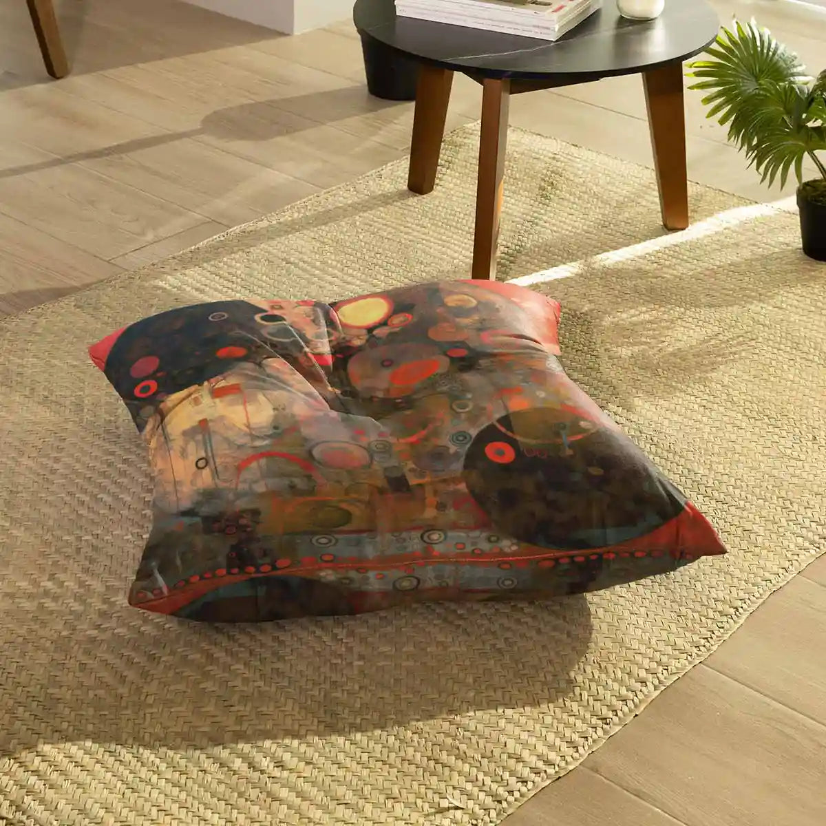 Floor pillow featuring Creation Serenade digital art print in cozy living room.