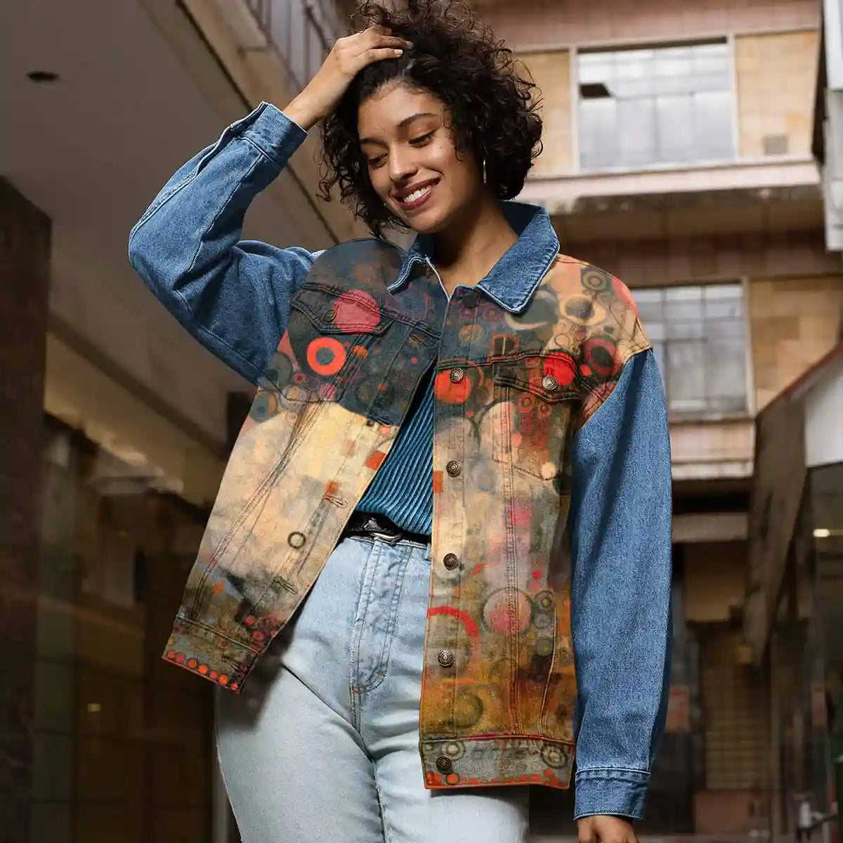 Woman wearing denim jacket with Creation Serenade digital art print, smiling pose.
