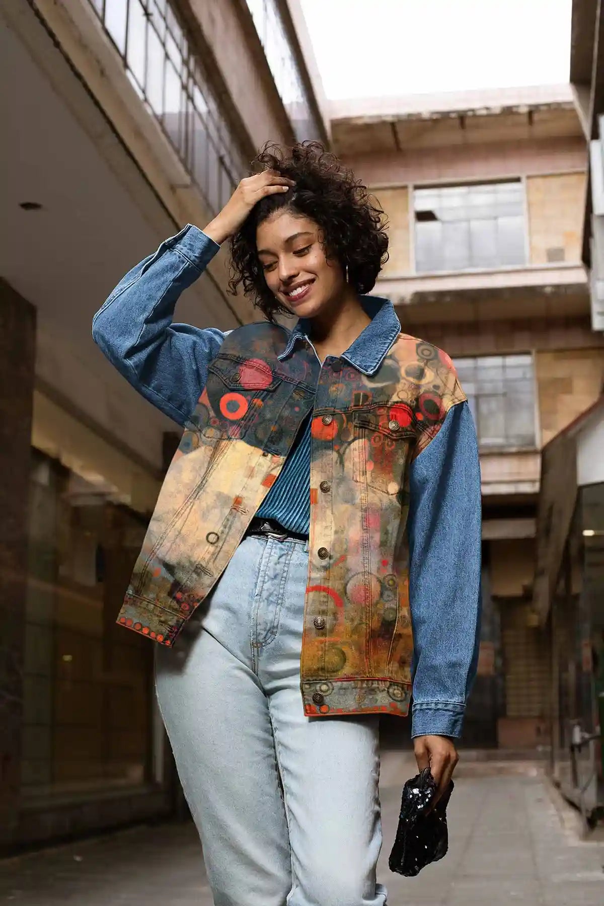 Creation Serenade digital art print on a denim jacket featuring a smiling woman holding her hair.