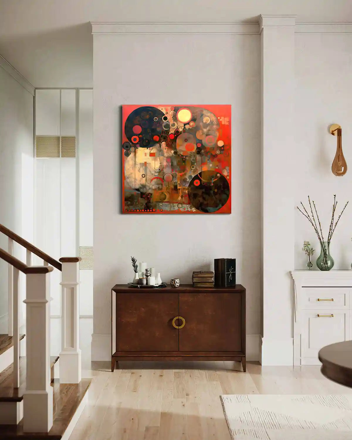 Creation Serenade digital art print on oversized wall art by a staircase in a modern hall, side view.