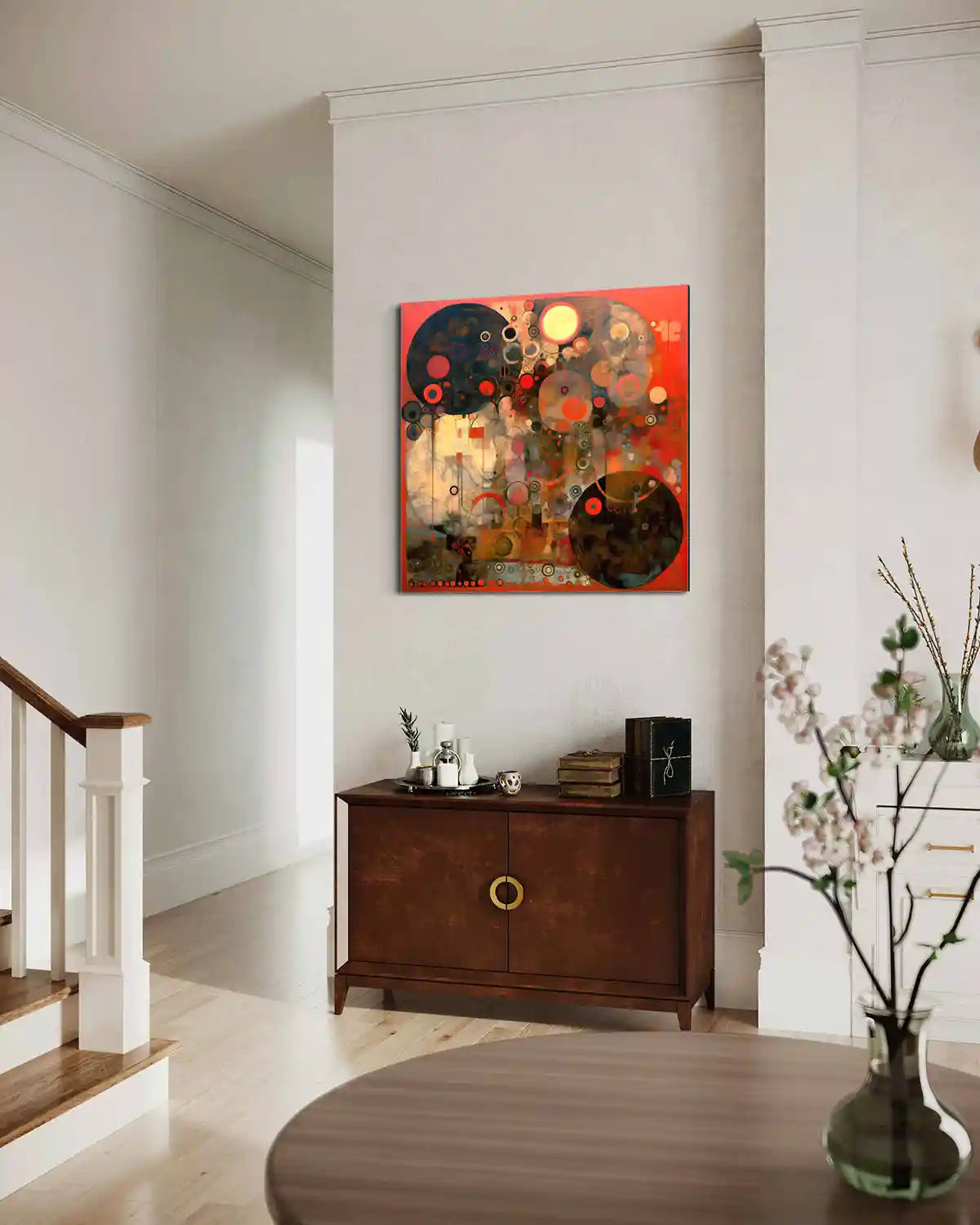 Creation Serenade digital art print on oversized wall art by a staircase in a modern hall.