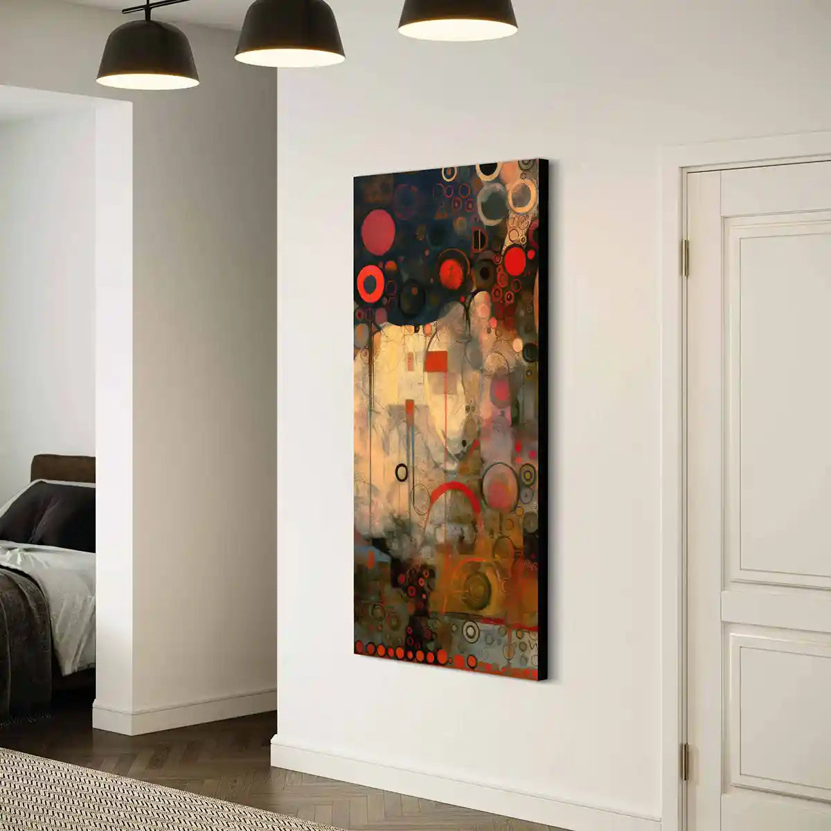Creation Serenade oversized digital art wall print in modern entryway, side view.