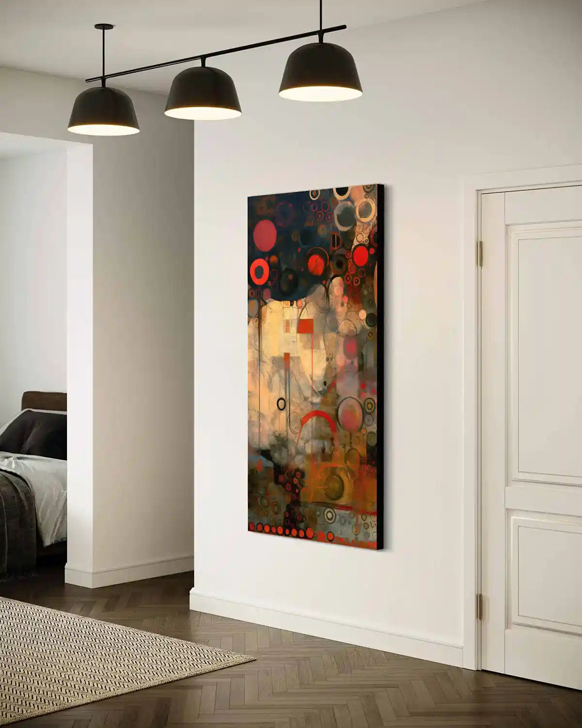 Creation Serenade digital art print on oversized wall art in a modern entryway, side view.