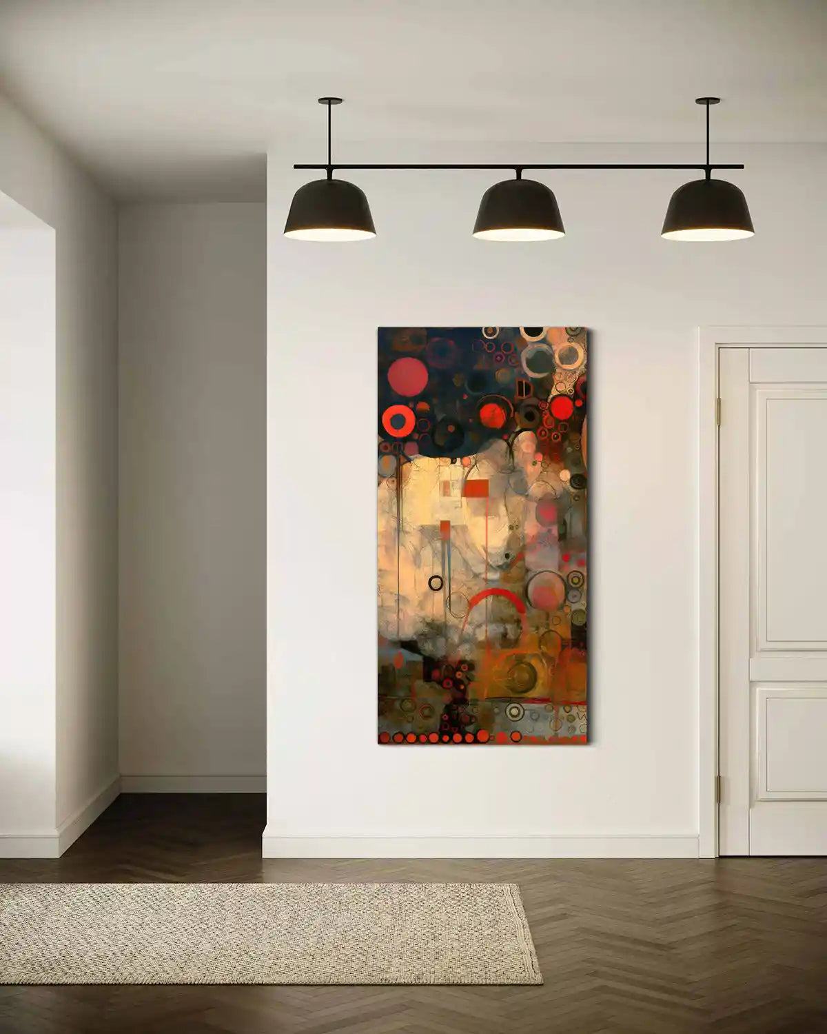 Creation Serenade digital art print on oversized wall art in a modern entryway.