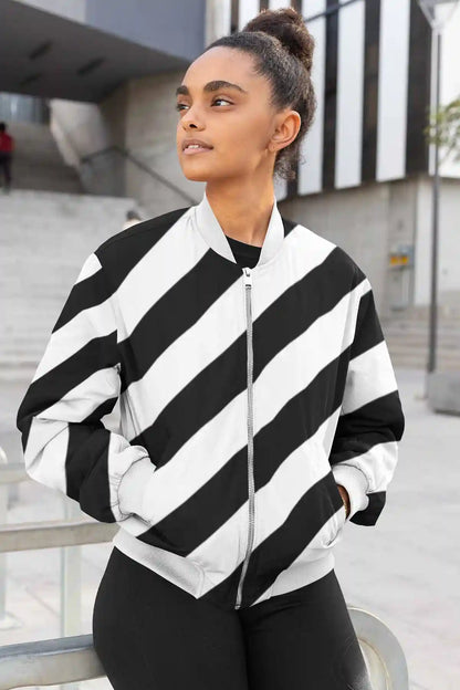 Diagonal Stripes digital art print on a bomber jacket featuring a young woman.