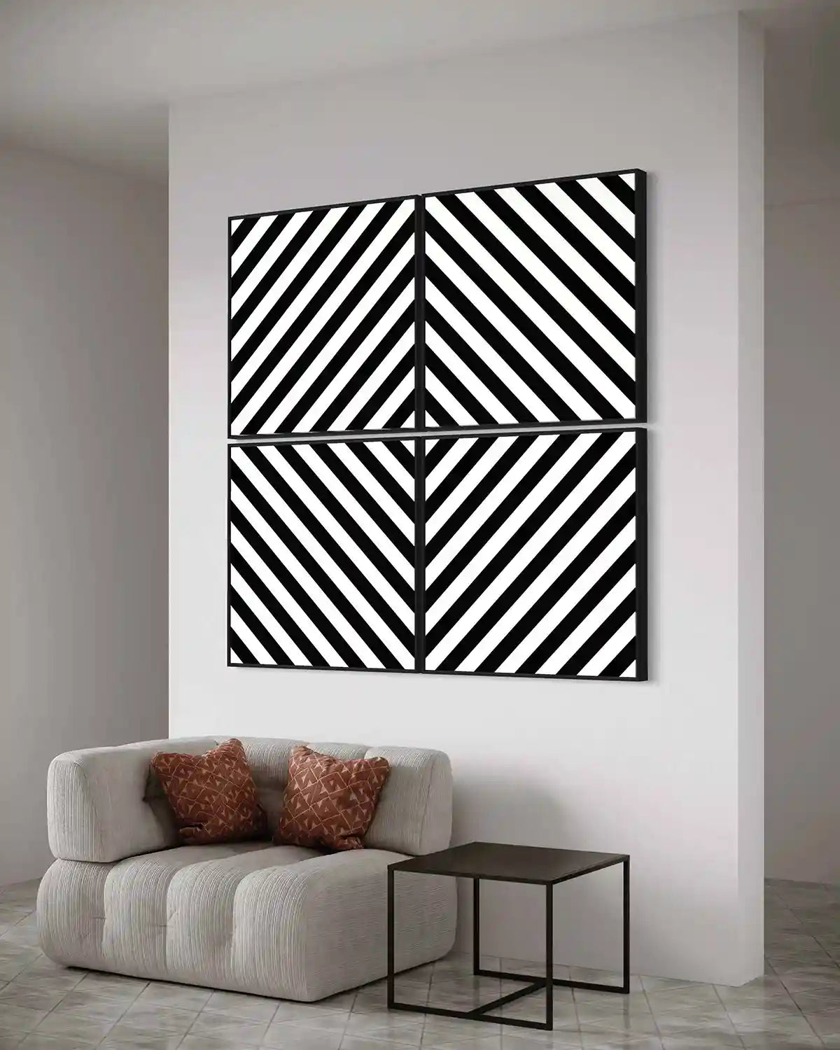 Diagonal Stripes digital art print on quadriptych wall art in a cozy interior, angled view.