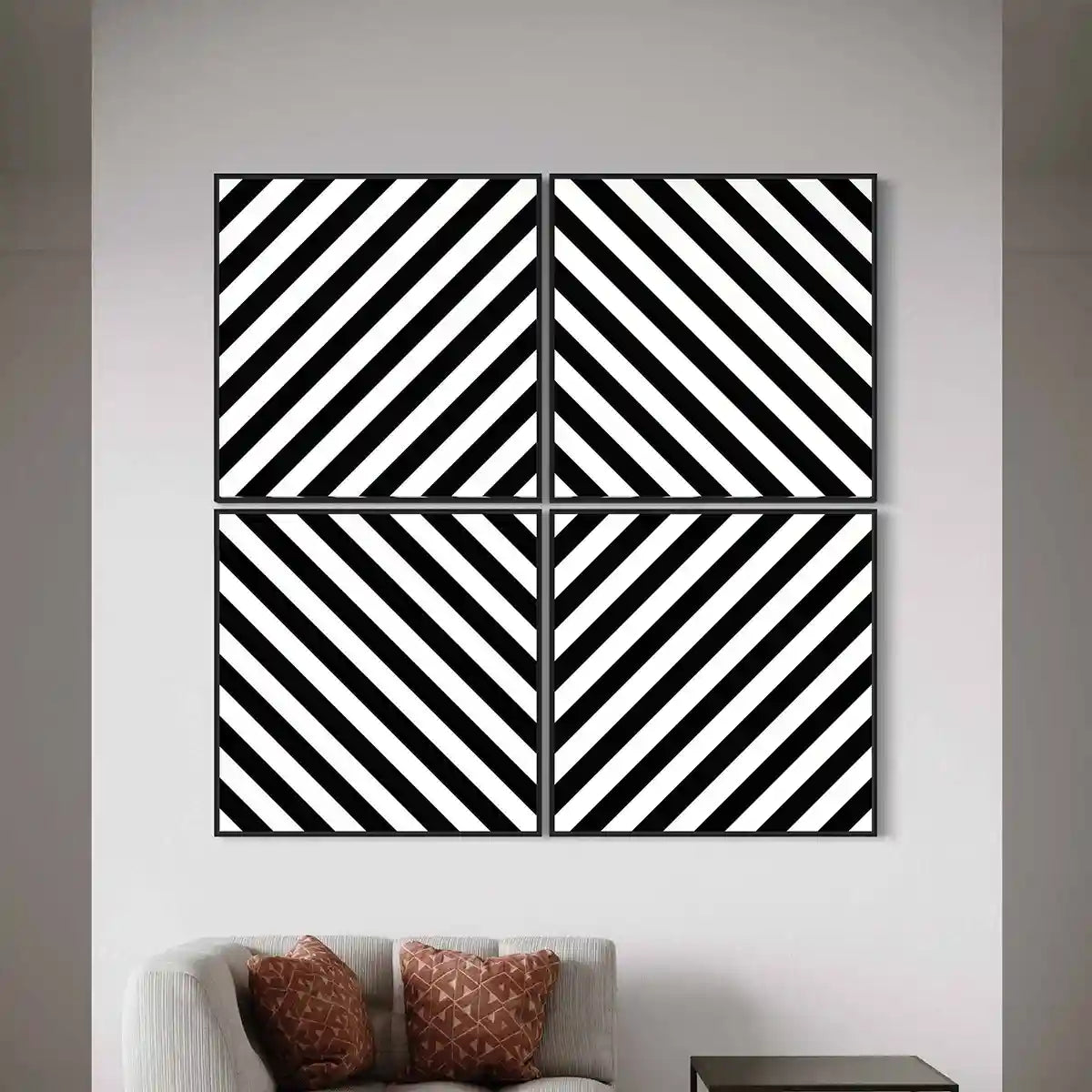 Diagonal Stripes quadriptych digital art wall print in cozy modern interior.