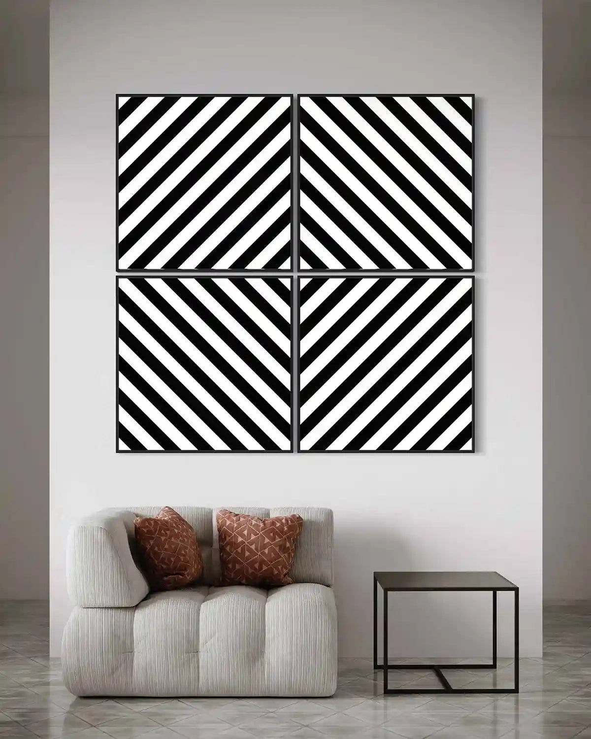 Diagonal Stripes digital art print on quadriptych wall art in a cozy interior.