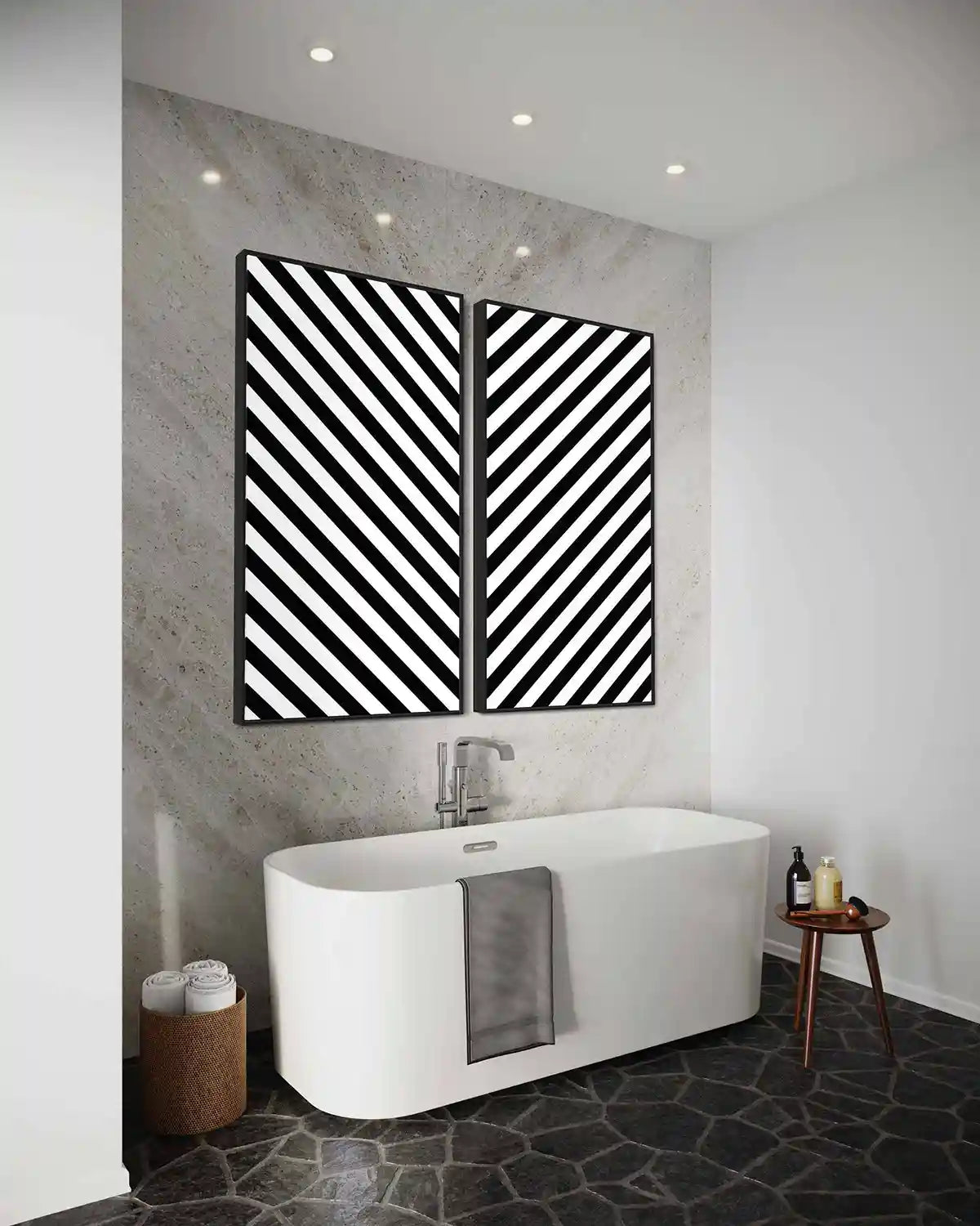 Diagonal Stripes digital art print on oversized diptych wall art in a luxury bathroom, angled view.