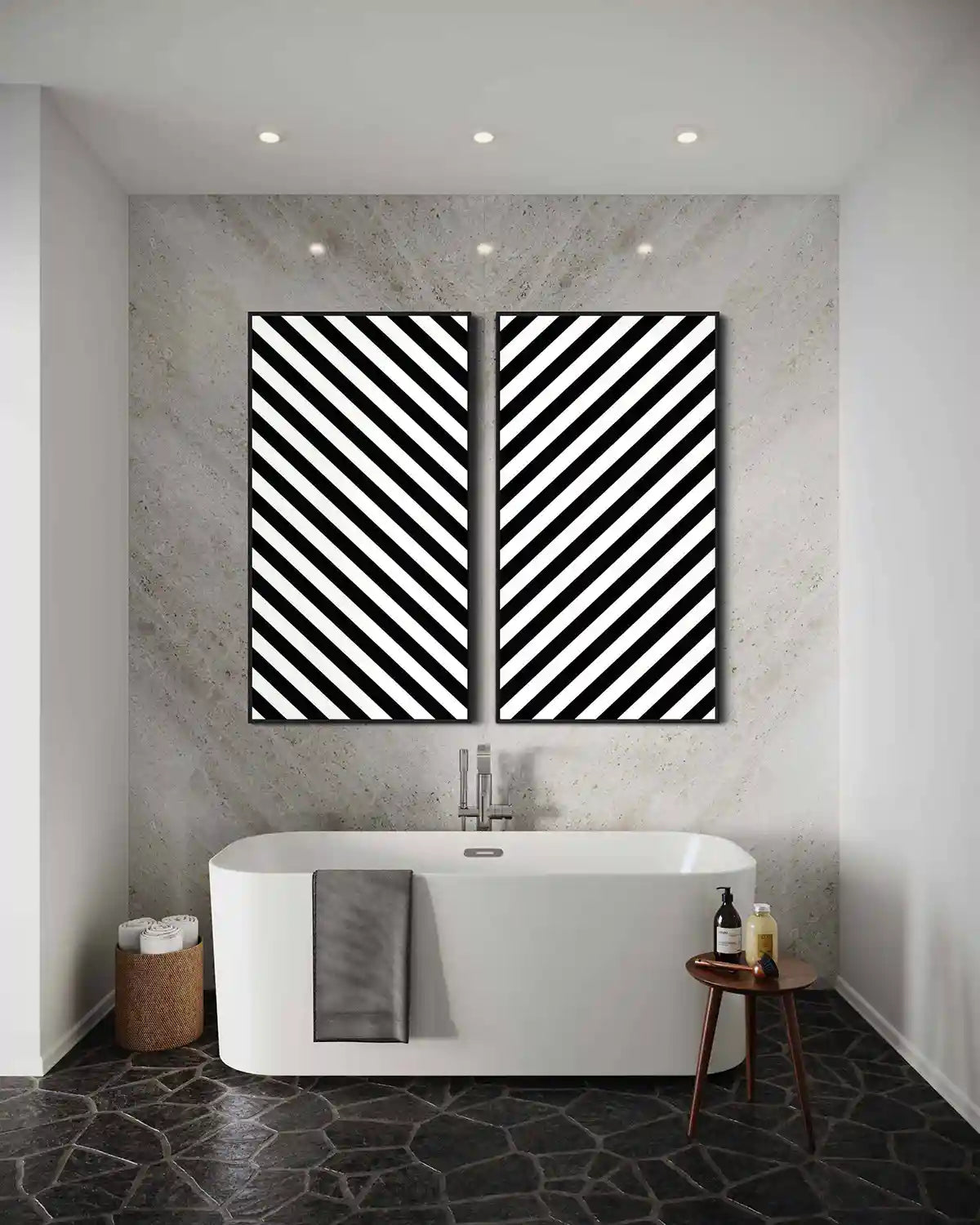 Diagonal Stripes digital art print on oversized diptych wall art in a luxury bathroom, frontal view.