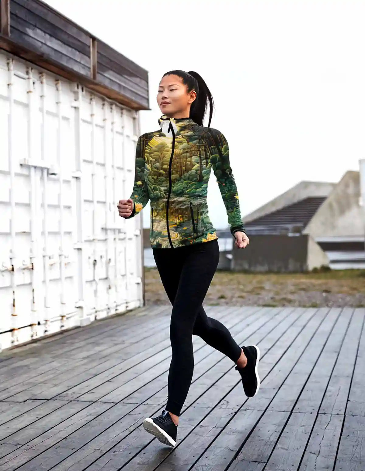 Glimmer digital art print on a full-zip hoodie featuring a woman jogging outside.