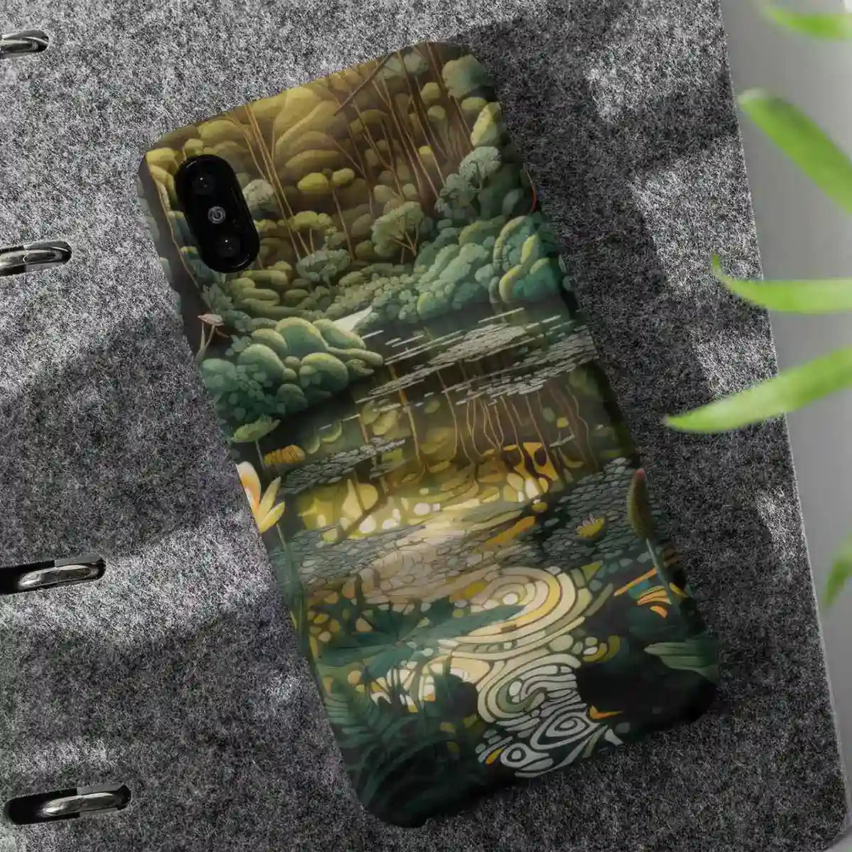 Glimmer digital art print on a phone case featuring a little plant.