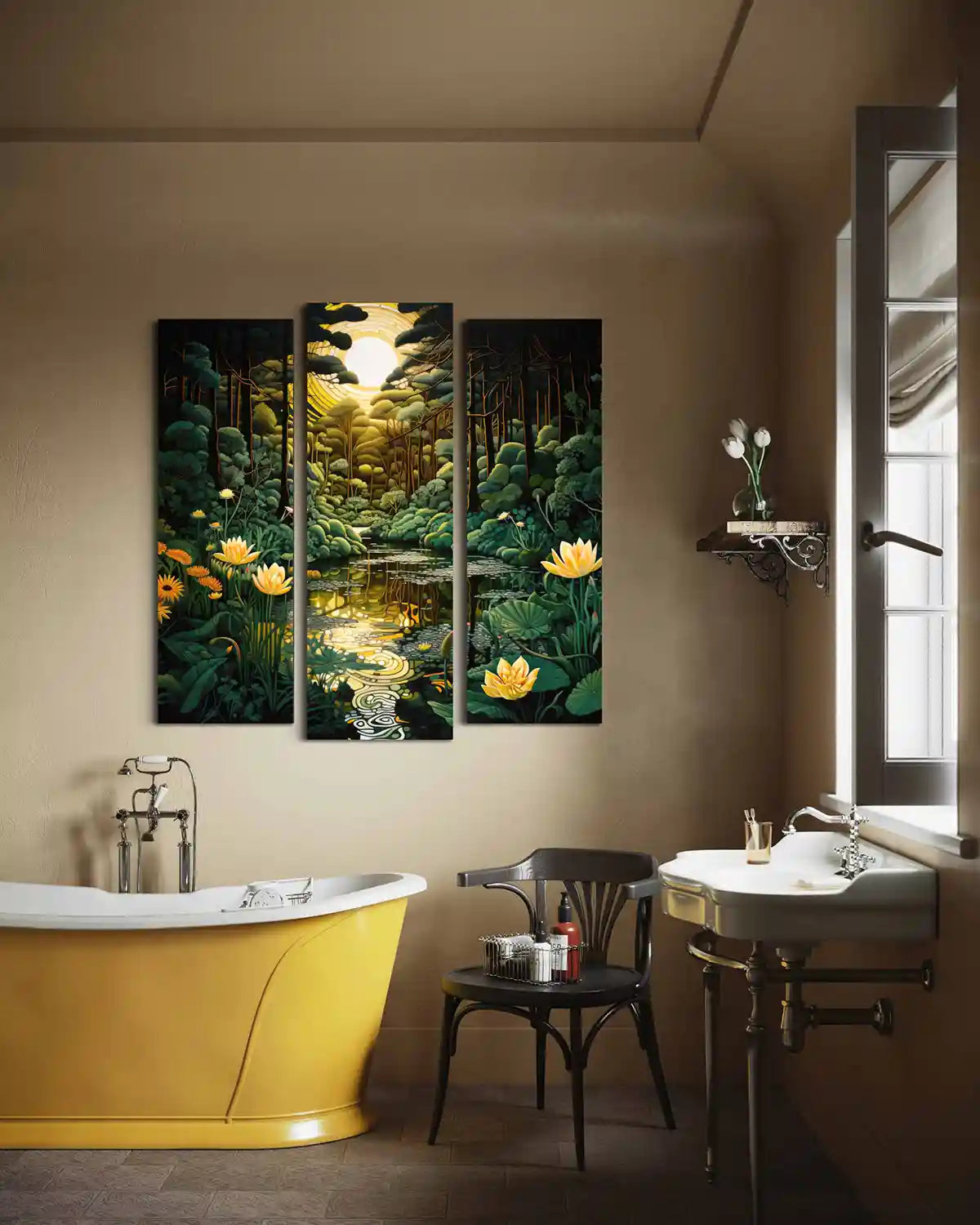 Glimmer digital art print on oversized triptych wall art in a luxury bathroom, frontal view.